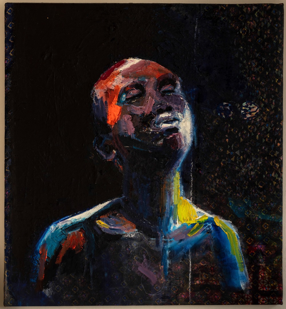 Liesbeth Louwyck: 'Portrait Nr5', Acryl en olieverf op geprinte stof en canvas