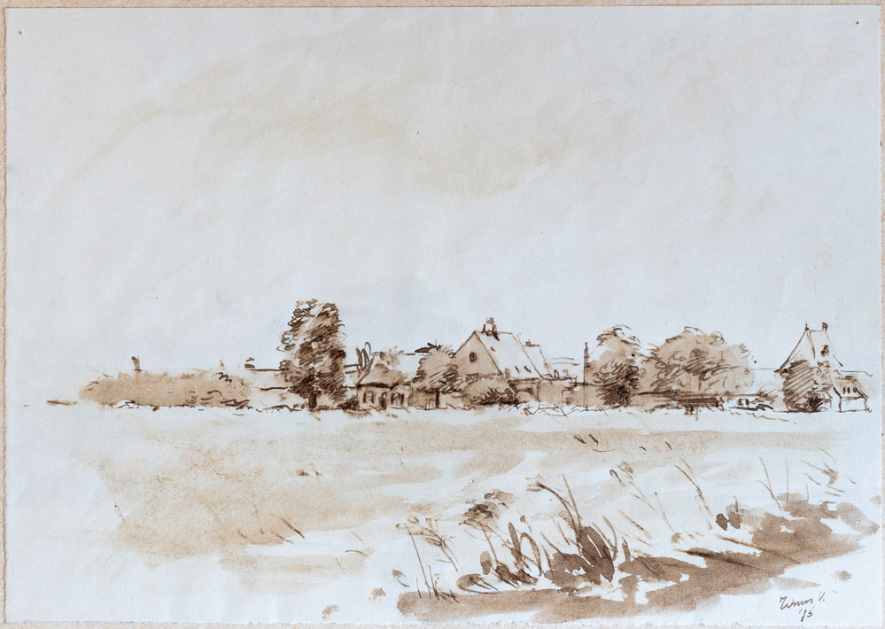 Tinus Vermeersch: 'Landschap', Tekening met bister, notenbruin