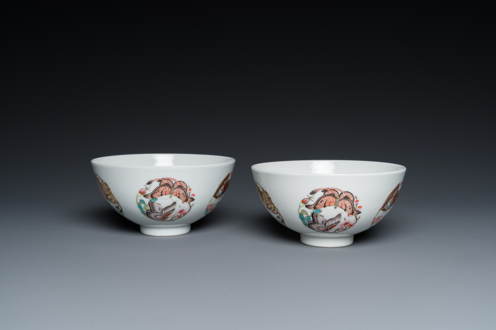 A pair of Chinese famille rose 'butterfly' bowls, Yonzheng mark, probably Republic