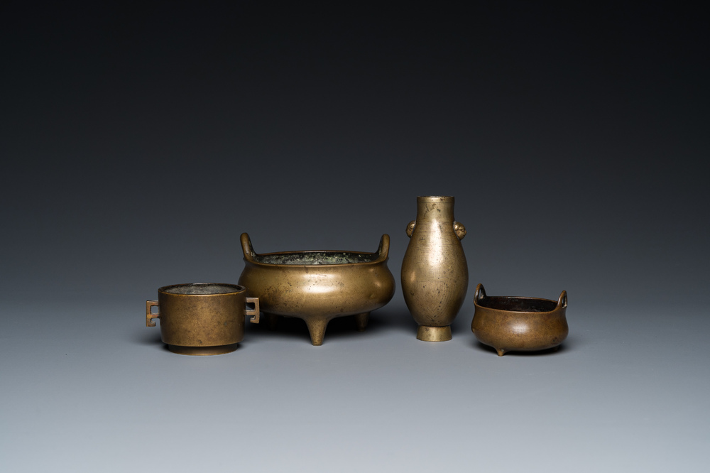 Three Chinese bronze censers and a silver-inlaid bronze vase, Qing