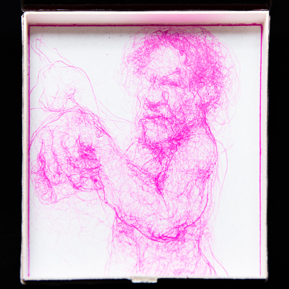 Johan Van Mullem: 'Zonder titel', Pentekening op de bodem van kartonnen sigarendoosje Mini Moods