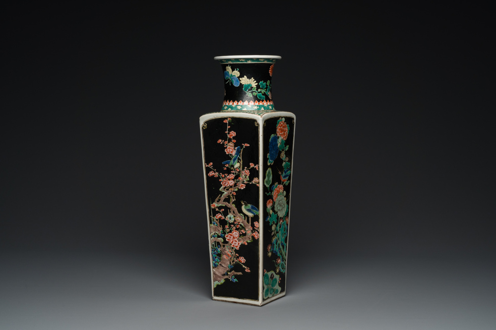 A square Chinese famille noire vase, Kangxi