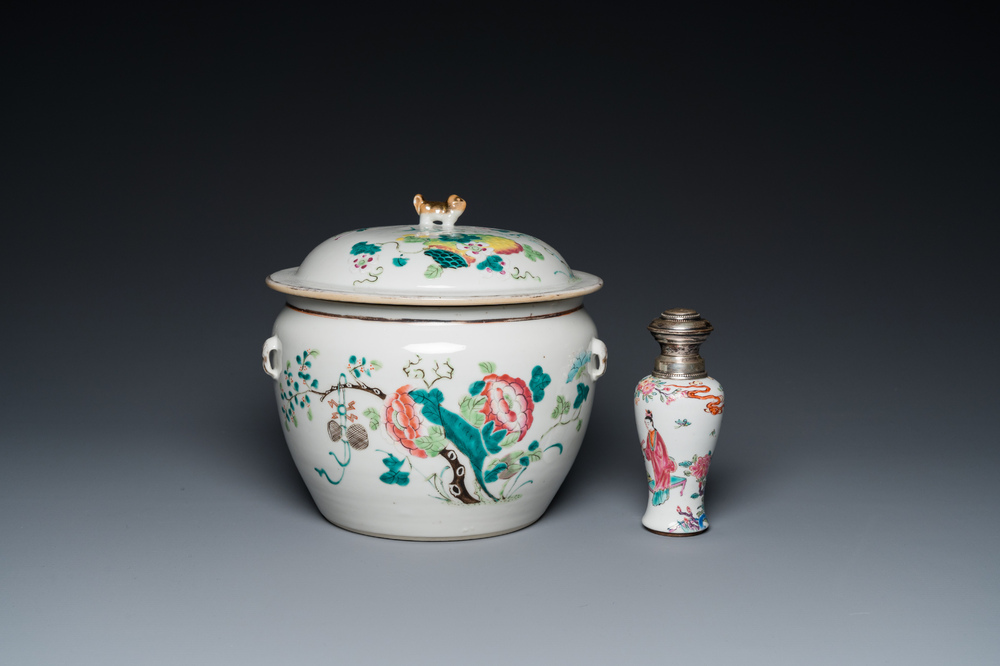 A Chinese silver-mounted famille rose vase and a covered bowl, 19th C.