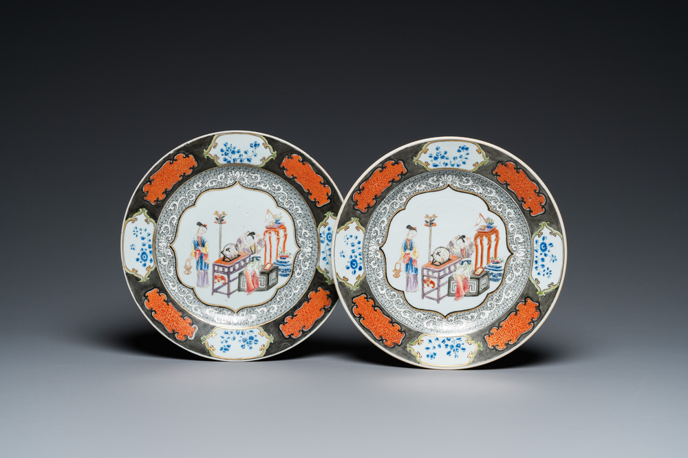 A pair of Chinese famille rose plates with a lady doing her make-up, Yongzheng