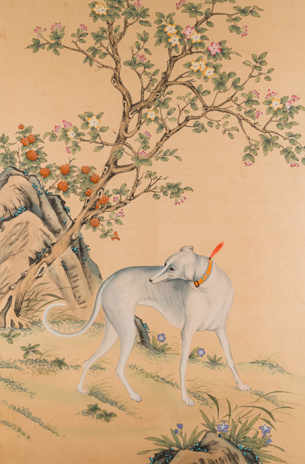 Navolger van Lang Shining 郞世寧 (1688-1766): 'Een Chinese windhond', inkt en kleur op zijde, 20e eeuw