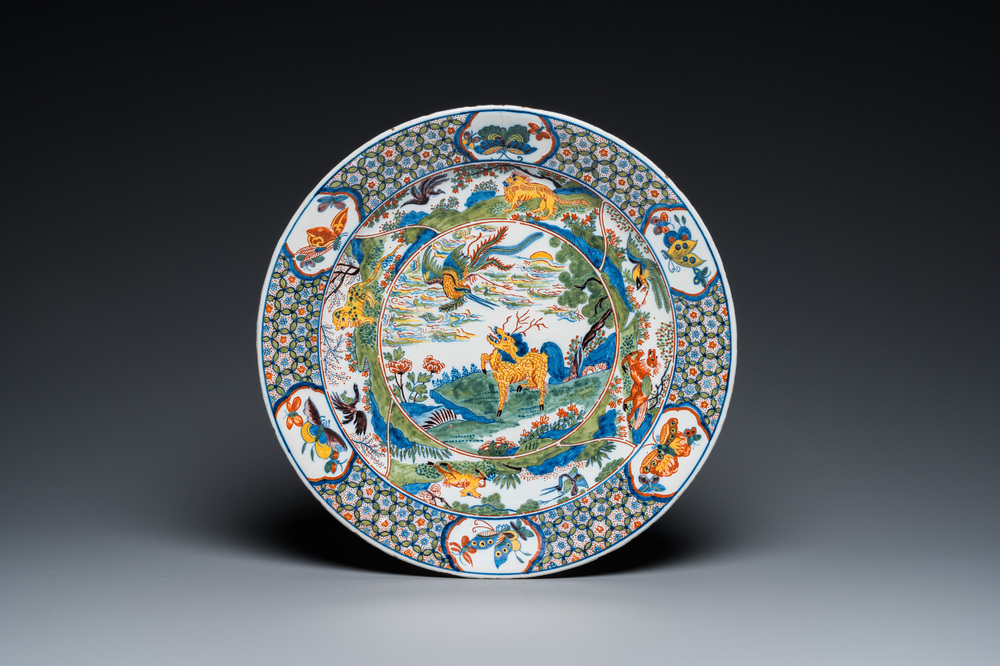 A famille verte-style chinoiserie dish after a Dutch Delft example, D&egrave;svres, France, 19th C.