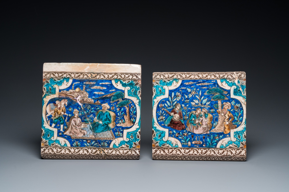 Deux carreaux aux d&eacute;cors narratifs en c&eacute;ramique, art qajar, la Perse, 19&egrave;me