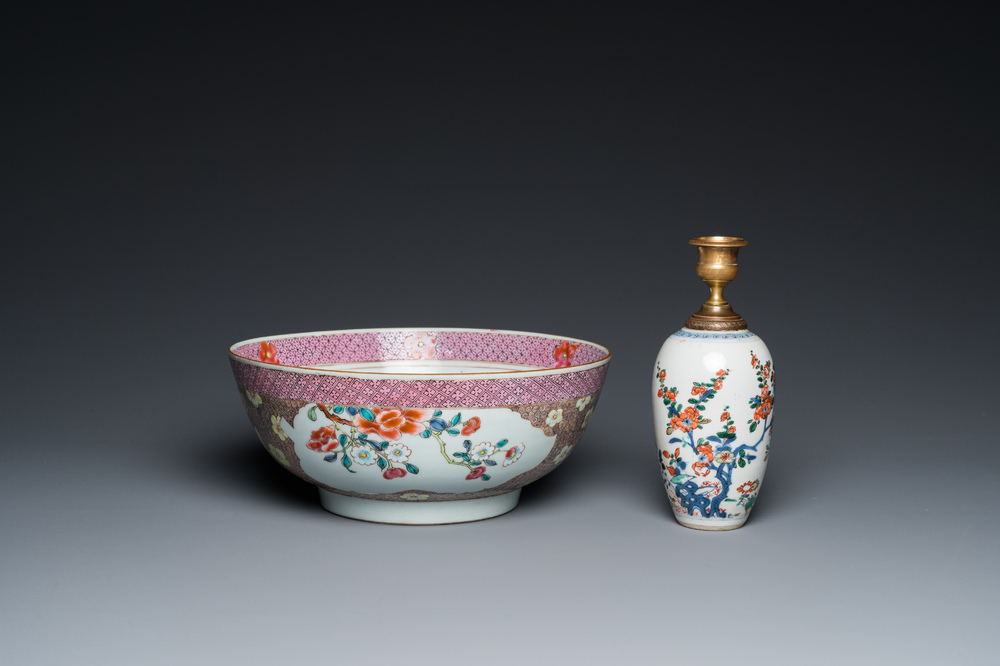 Un vase en porcelaine de Chine famille verte mont&eacute; comme lampe et un bol en famille rose, Kangxi et Qianlong