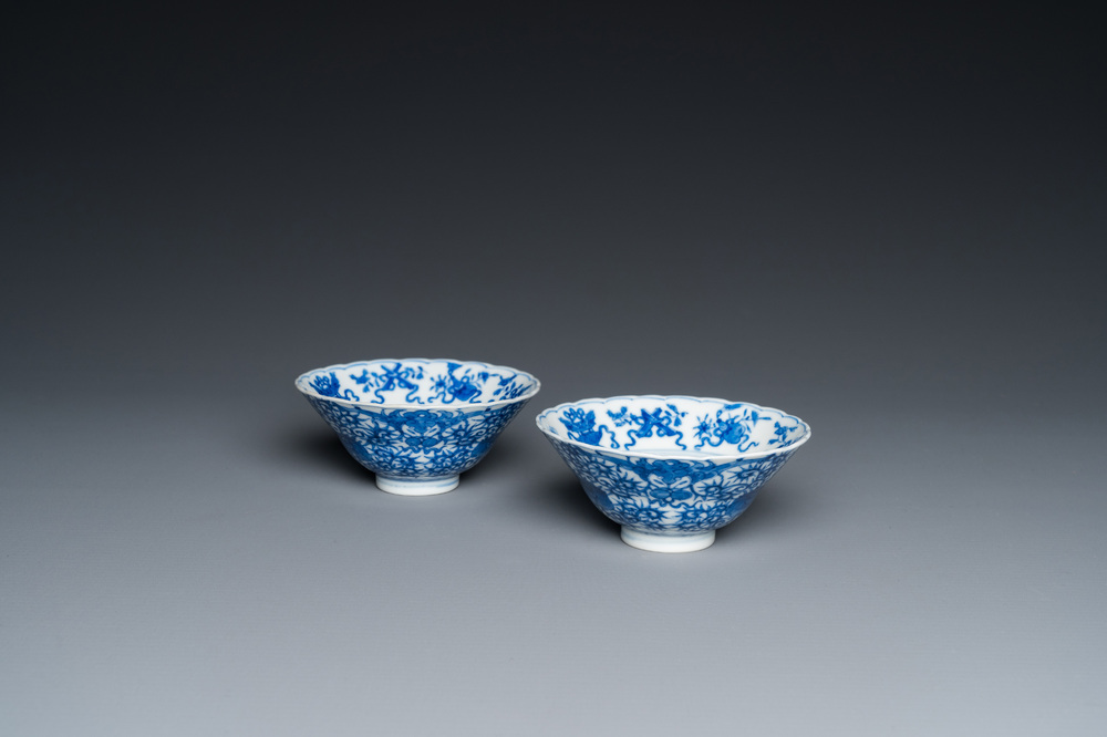 A pair of Chinese blue and white 'bajixiang' bowls, Yongzheng mark and possibly of the period