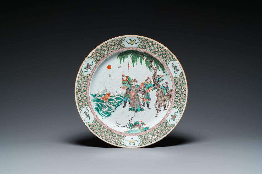 A Chinese famille verte dish with an emperor watching a carp, Kangxi