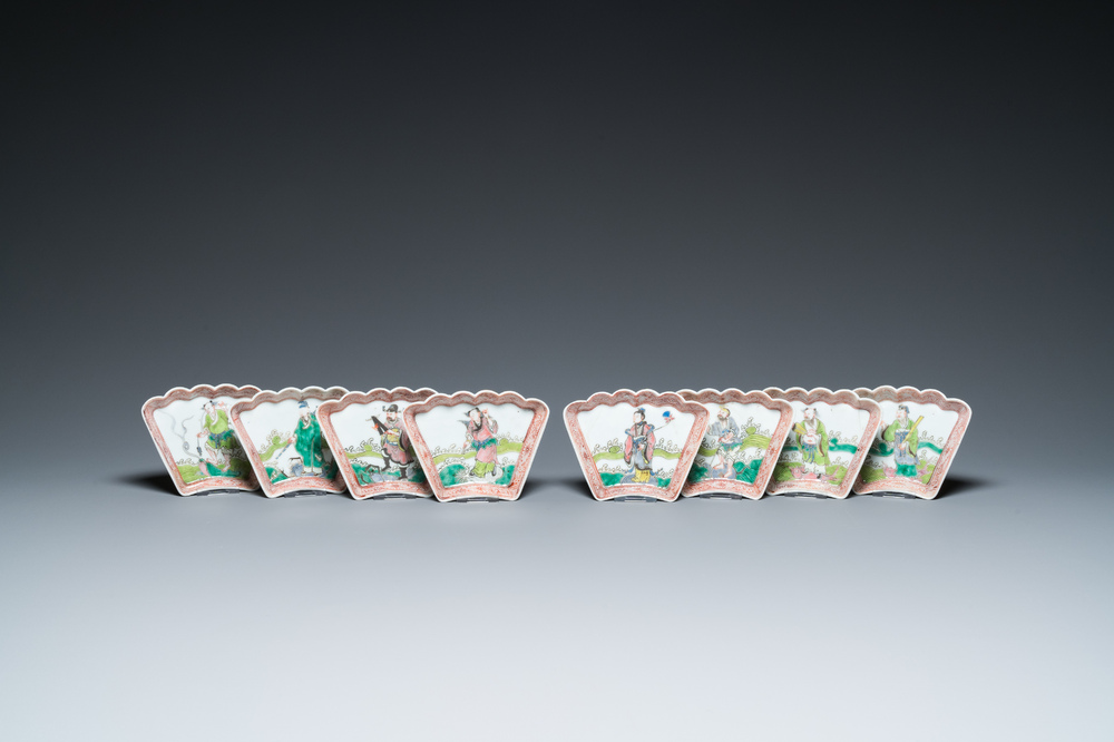 A Chinese famille rose eight-piece 'immortals' sweetmeat set, 19th C.