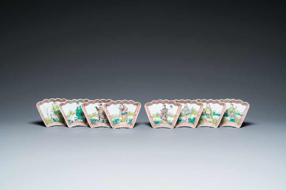 A Chinese famille rose eight-piece 'immortals' sweetmeat set, 19th C.