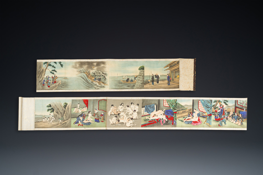 Japanse school: een shunga emaki (erotische handscroll), inkt en kleur op zijde, Edo/Meiji, 18/19e eeuw