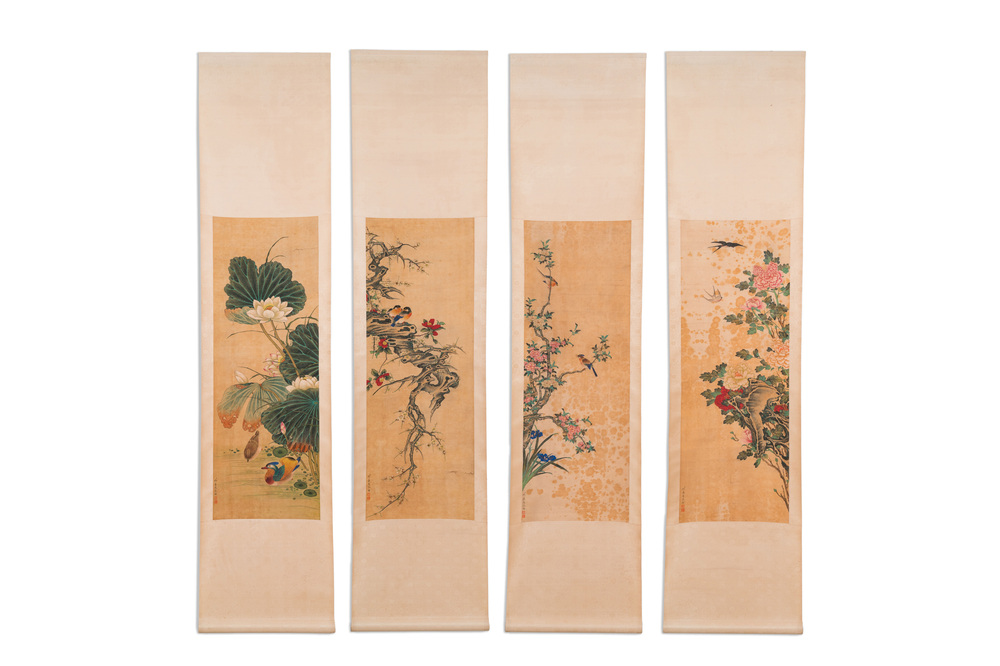 Miao Jiahui 繆嘉慧 (1831-1901): Quatre rouleaux aux oiseaux et fleurs, encre et couleurs sur soie