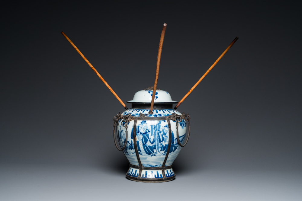 A Chinese blue and white vase and cover mounted as a water pipe for the Vietnamese market, Daoguang mark, 19th C.