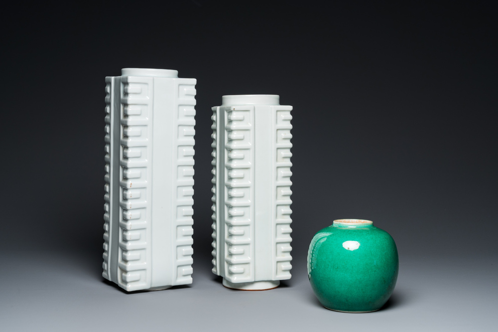 Two Chinese white-glazed 'cong' vases and an apple green jar, 19/20th C.