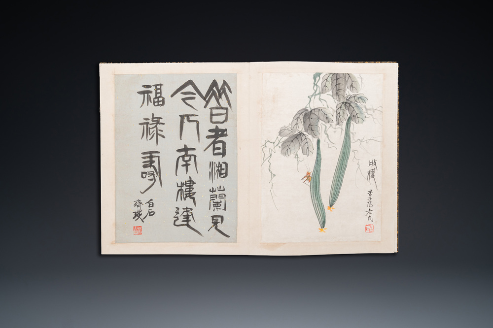 After Qi Baishi 齊白石 (1864-1957): Album with 6 floral works accompanied by calligraphy, ink and colour on paper