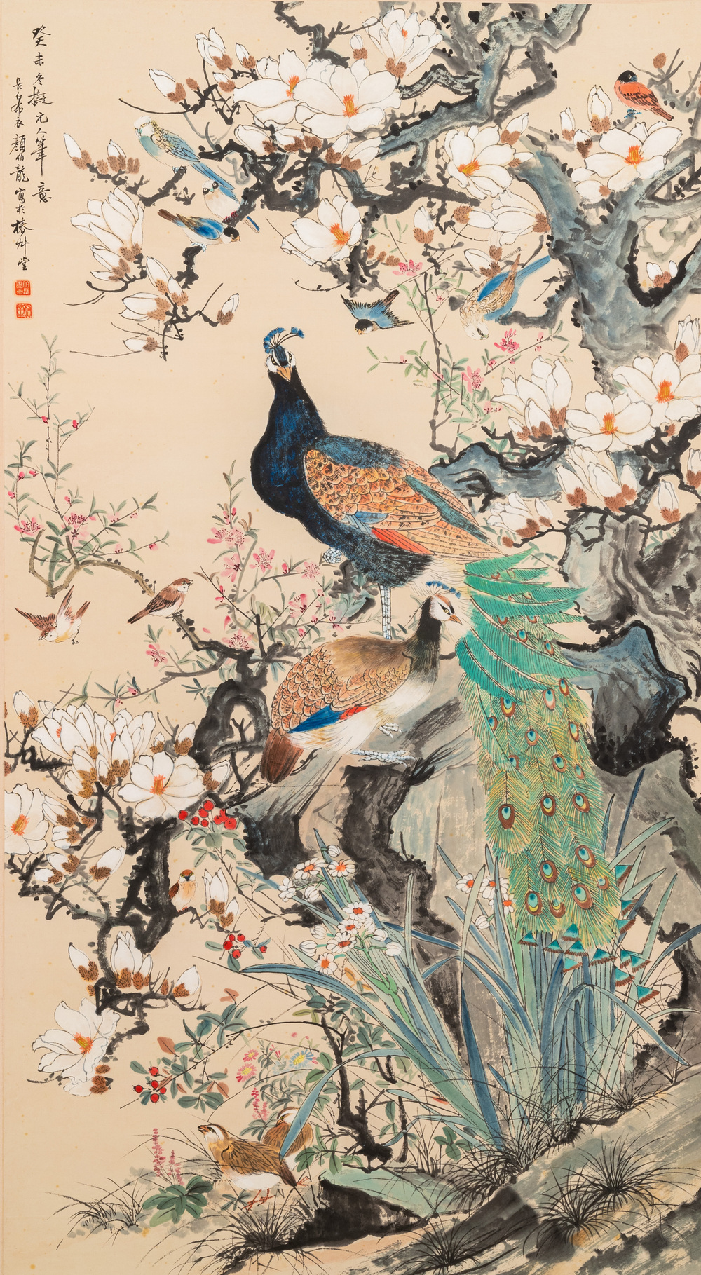 Yan Bolong 顏伯龍 (1898-1955): 'Paons entour&eacute;s d'autres oiseaux parmi des branches fleuries', encre et couleurs sur papier