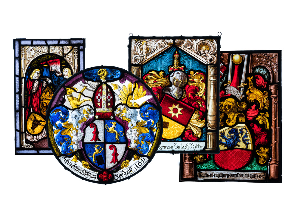 Four painted armorial subject glass-in-lead windows, Switzerland, 19th C.