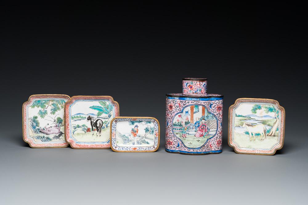 A Chinese Canton enamel tea caddy and four small dishes, 19th C.