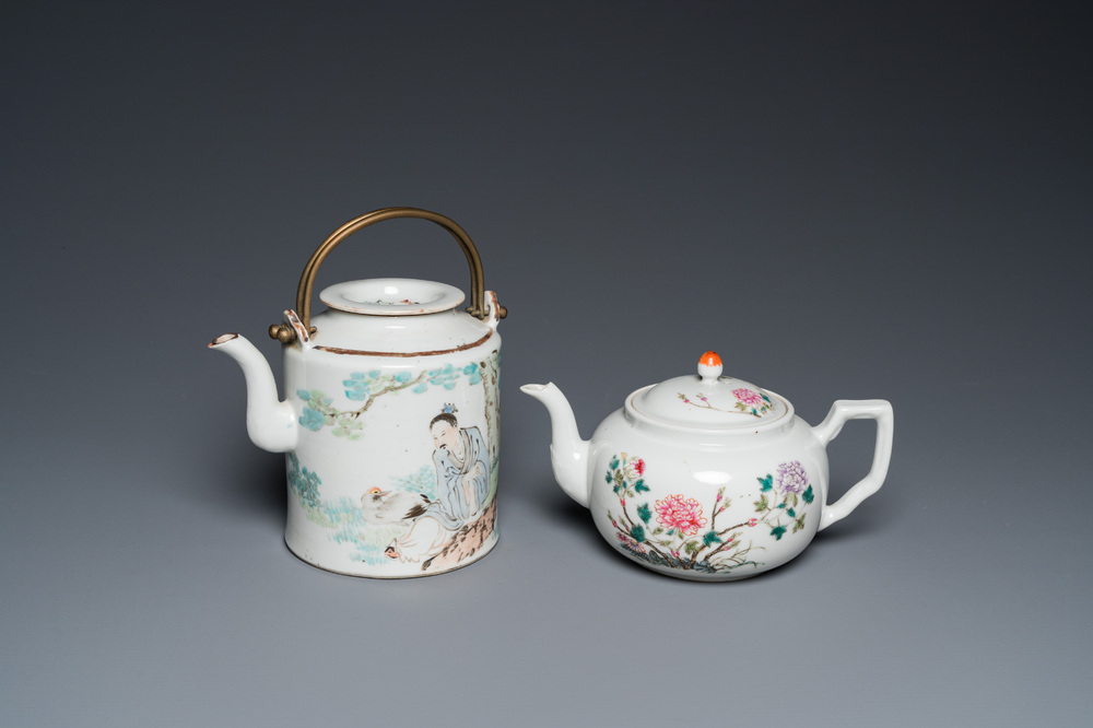 Une th&eacute;i&egrave;re en porcelaine de Chine qianjiang cai sign&eacute;e Lin Jinshan 林謹善 et dat&eacute;e 1887 et une en famille rose, marque et &eacute;poque de Guangxu