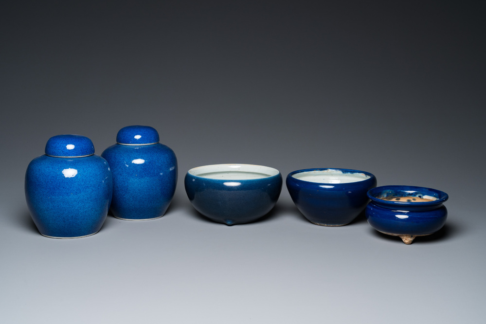 A pair of Chinese powder-blue-glazed jars and covers and three censers, 19/20th C.