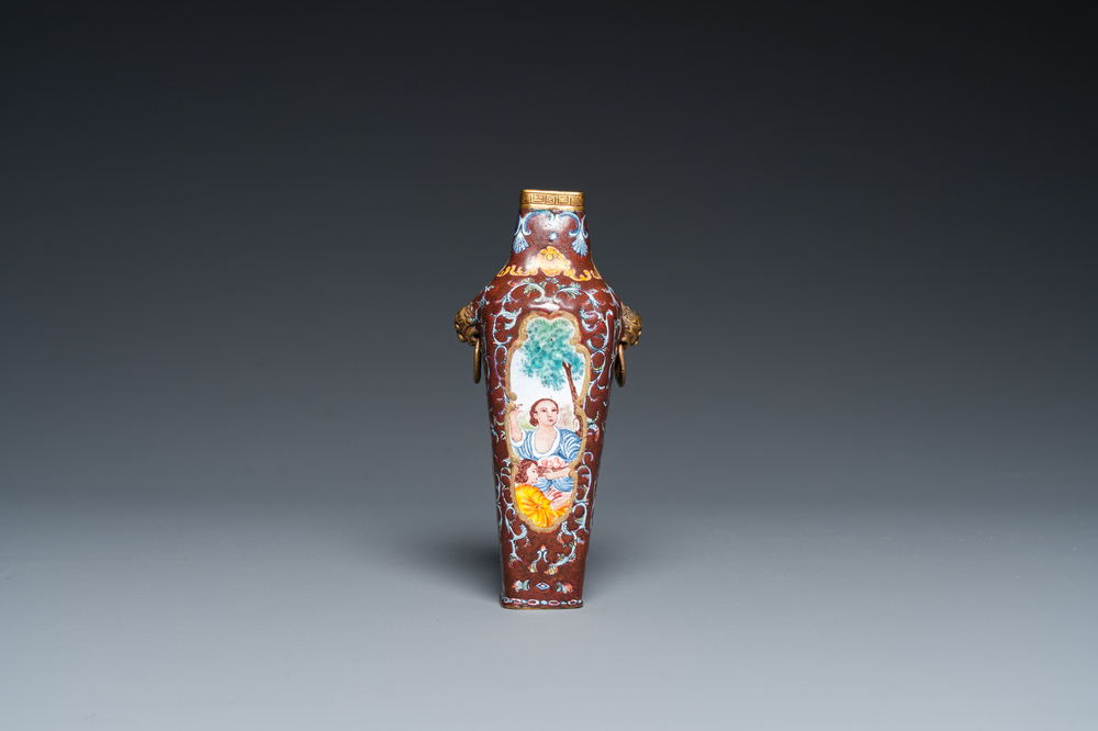 A square Chinese Canton enamel vase with Europeans, Qianlong mark and probably of the period