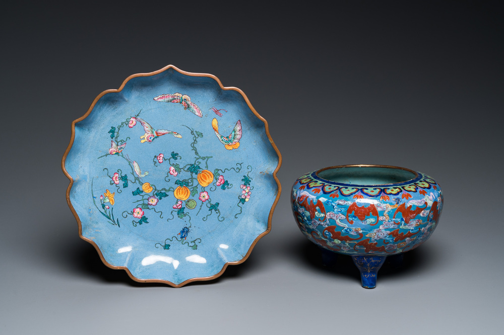 A Chinese blue-ground Canton enamel dish and a censer, Yongzheng/Qianlong