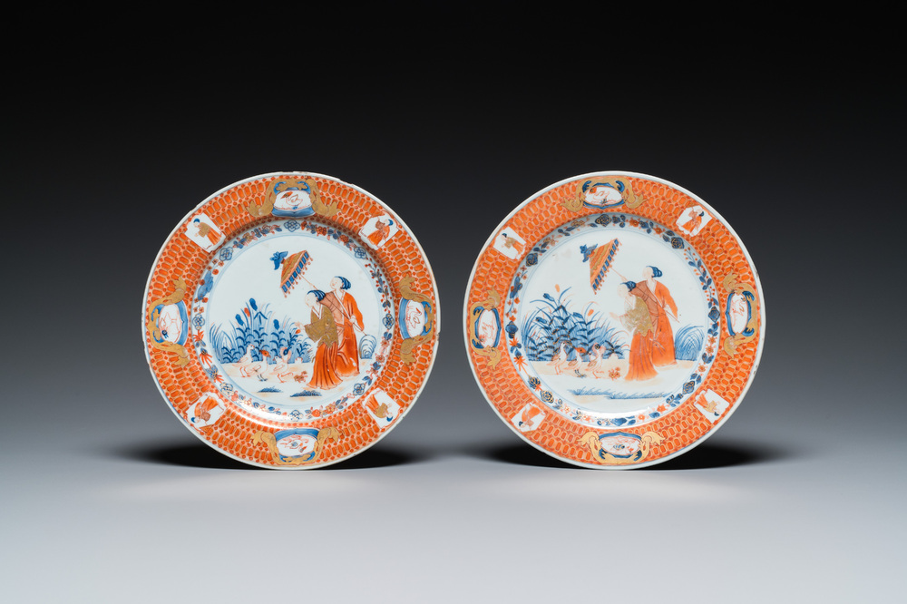 A pair of Chinese Imari-style plates with 'Parasol ladies' after Cornelis Pronk, Qianlong