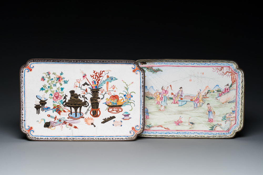 Two Chinese rectangular Canton enamel trays, Yongzheng/Qianlong