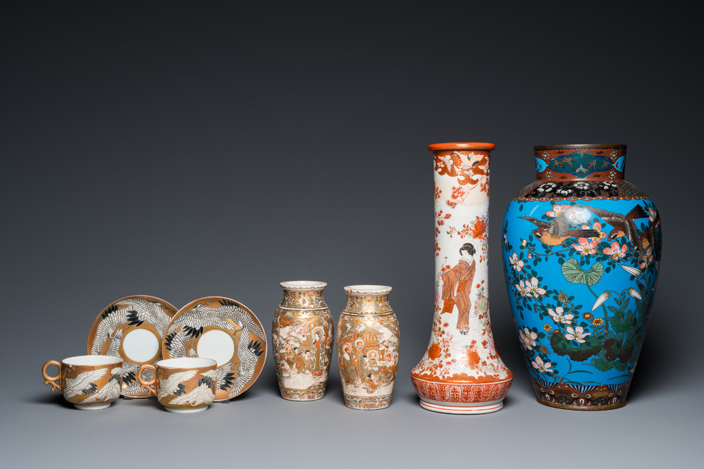 A collection of Japanese Satsuma and Kutani wares and a cloisonn&eacute; vase, Meiji, 19th C.