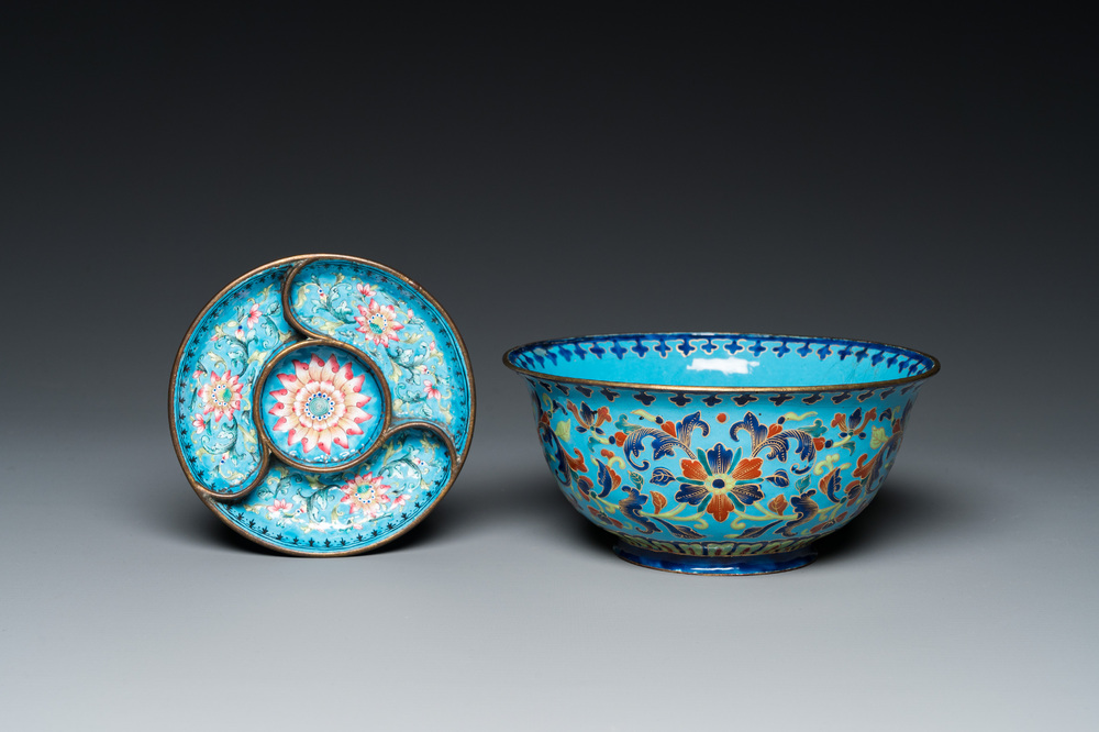 A Chinese Canton enamel 'lotus' spice dish and a bowl, Qianlong/Jiaqing