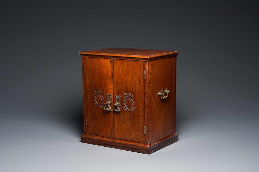 A Chinese huanghuali and hardwood cabinet with bronze fittings for the European market, 19th C.