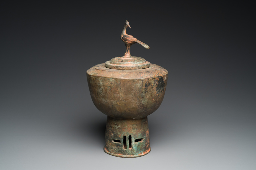 A Japanese or Korean bronze bird-topped censer, probably 17th C.
