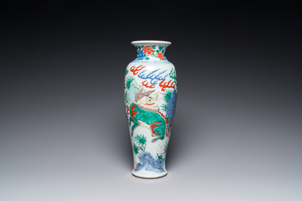 A Chinese wucai 'qilin and phoenix' vase, Transitional period