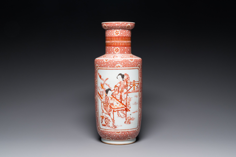 A Chinese iron-red and gilt rouleau vase with ladies and boys, Daoguang mark, 20th C.