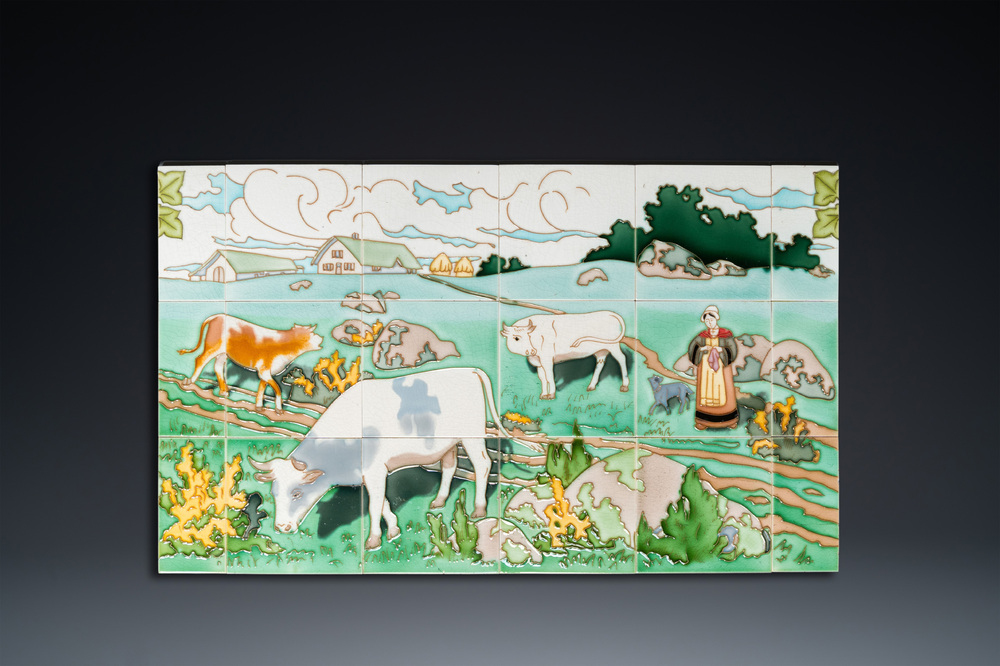 An Art Nouveau tile mural with a shepherdess and her cows in a meadow, Gilliot &amp; Cie., Hemiksem