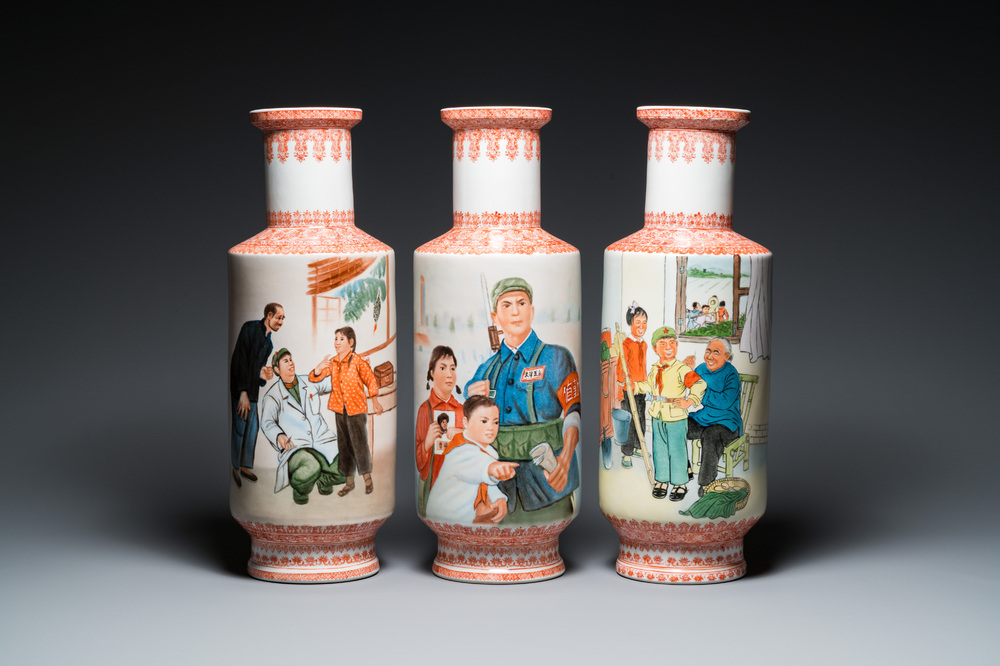 Three Chinese vases with Cultural Revolution design, signed Qiu Guang 邱光 and dated 1968 and 1972