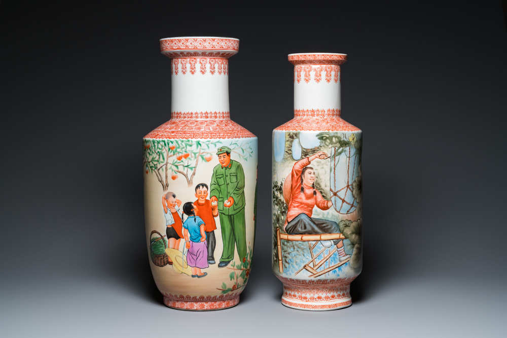 Two Chinese vases with Cultural Revolution design, signed Zhang Jian 章鑒 and dated 1968 and 1969