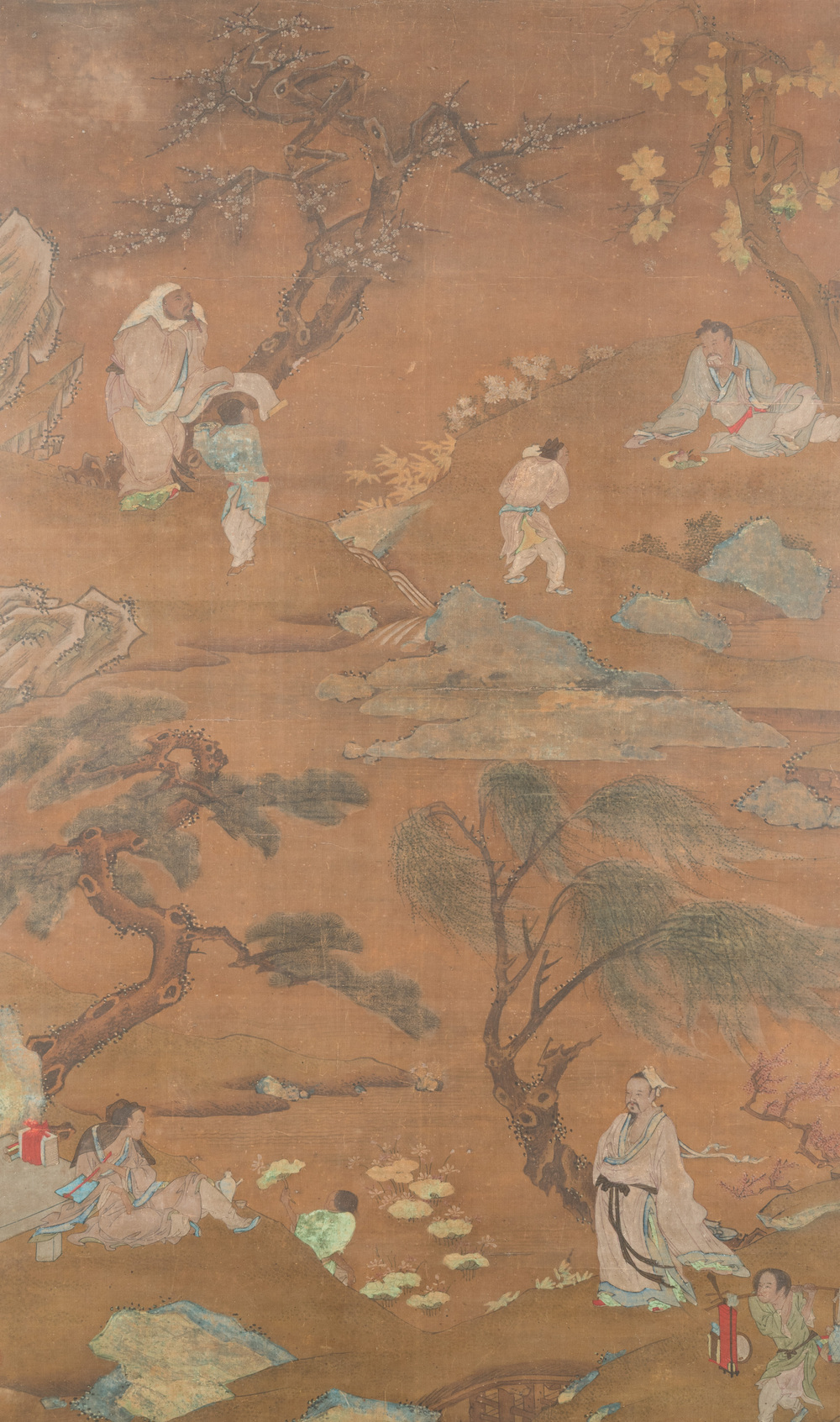 Chinese school: 'Vier landschappen met geleerden als allegorie van de vier seizoenen', inkt en kleur op zijde, 18e eeuw