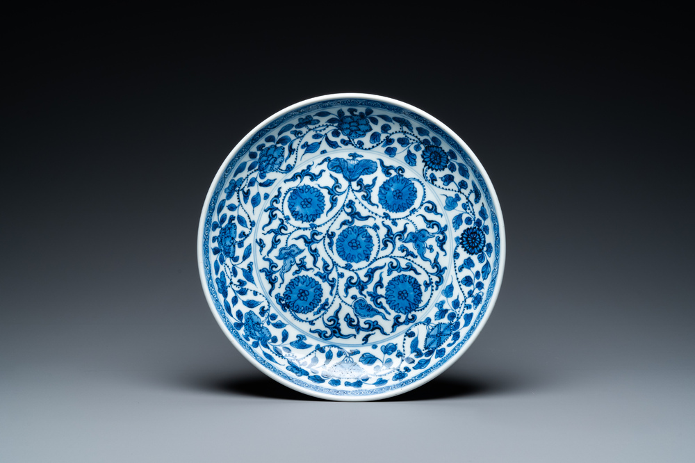 A Chinese blue and white 'lotus scroll' dish, Qianlong