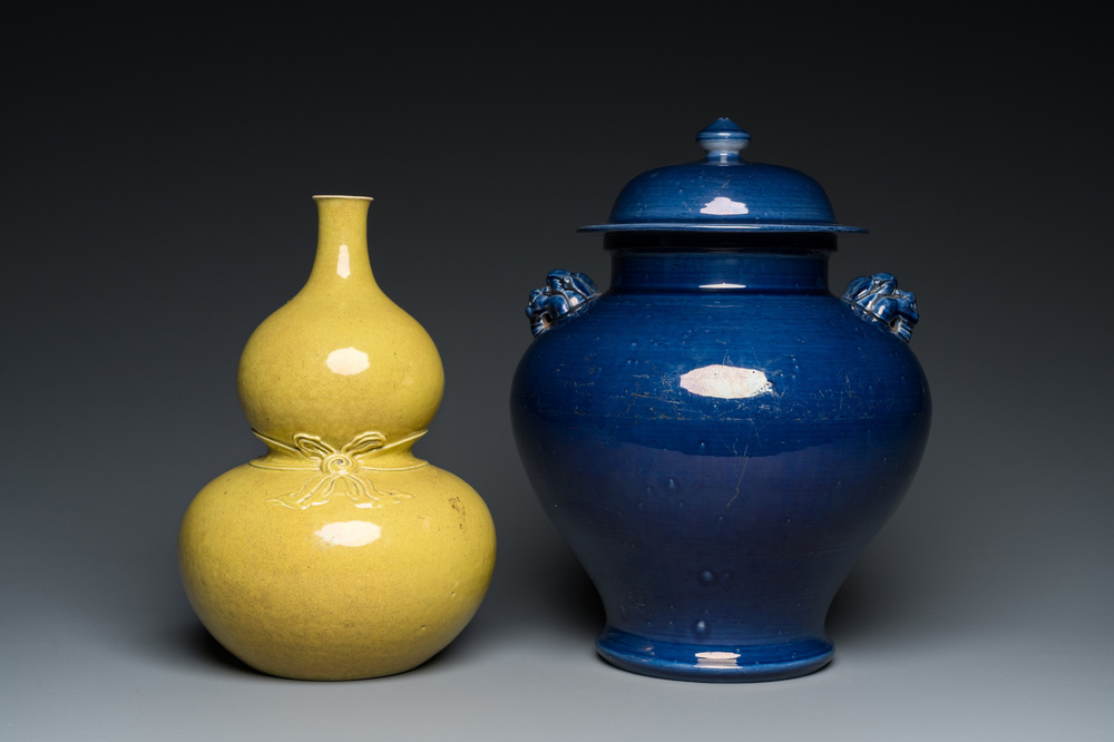 A Chinese monochrome yellow double gourd vase and a blue vase and cover, Republic