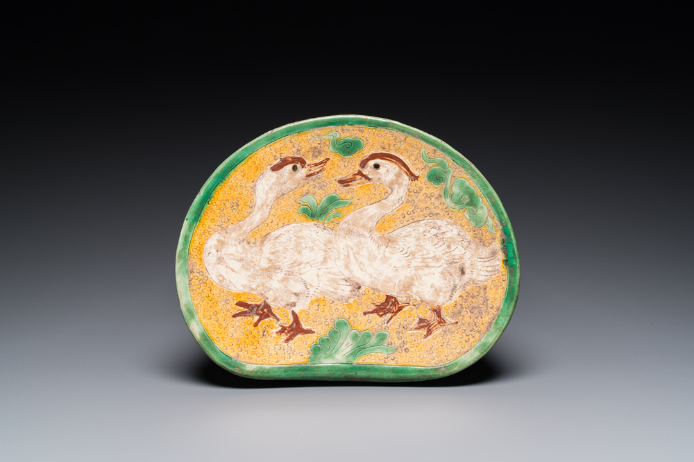 A Chinese sancai 'mandarin ducks' pillow, possibly Dangyangyu kilns, Henan, Song or later