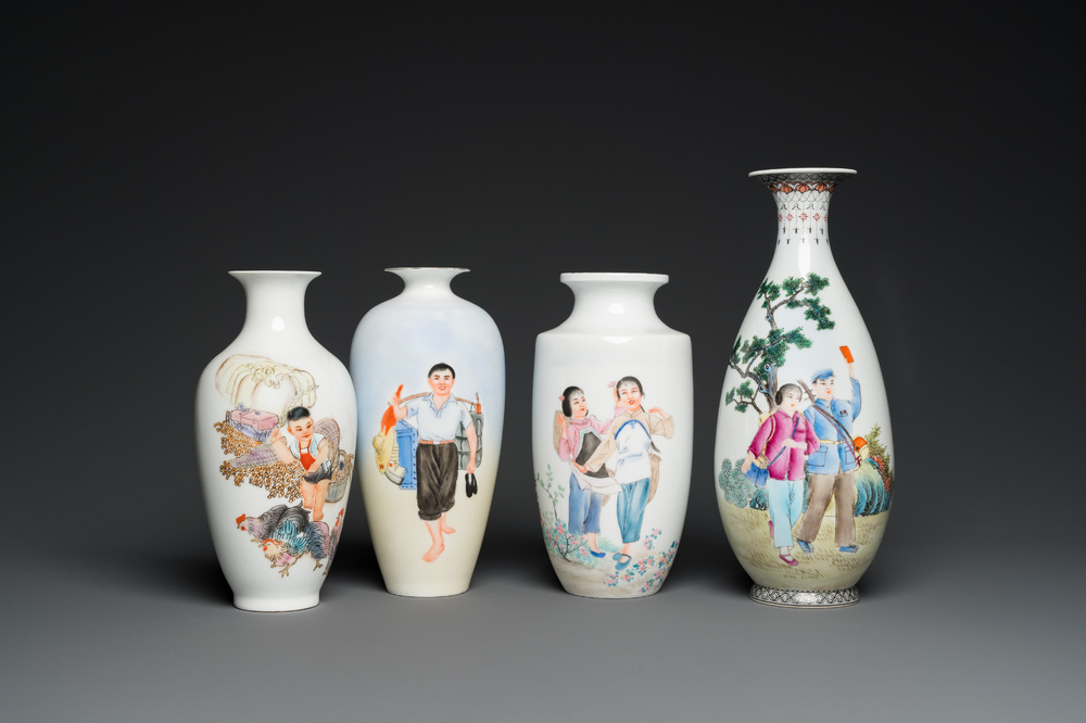 Four Chinese Cultural Revolution vases, signed Zhang Jian 章鑑, Chen Yifang 陳義芳 and Zhang Wenchao 章文超, dated 1972, 1973 and 1975