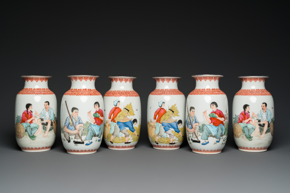 Three pairs of Chinese Cultural Revolution vases, Zhong Guo Jing De Zhen Zhi mark 中國景德鎮製