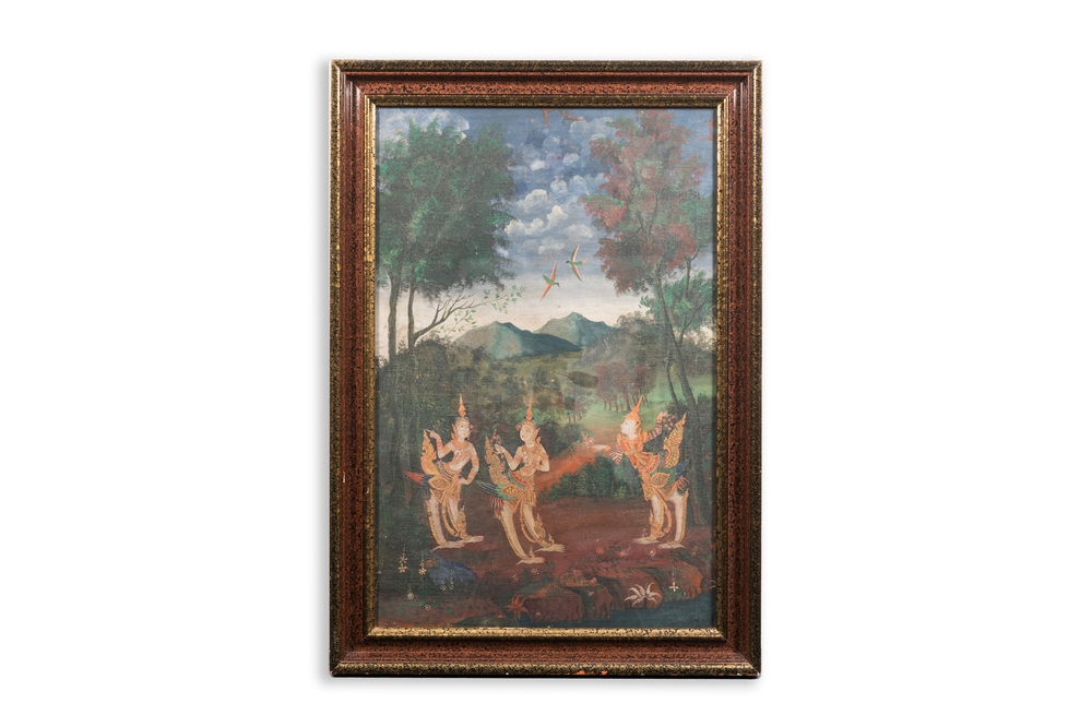 Thai school: Mythical Kinnaree in the legendary Himmaphan forest, oil on canvas, 19th C.