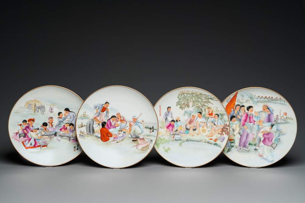 Four Chinese dishes with Cultural Revolution design, signed Wu Kang 吳康, Zhang Jian 章鑑 and Zhang Wenchao 章文超, dated 1970 and 1973