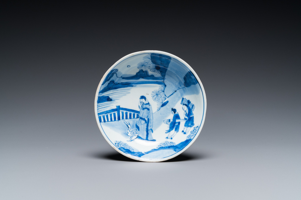 A Chinese blue and white saucer dish with the poet Wang Xizhi, Yi You Ding Yu Ya Zhi 益友鼎玉雅製 mark, Kangxi