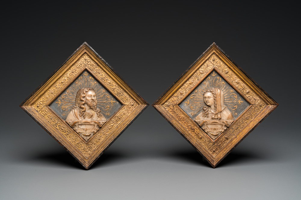 A pair of rare rhombus-shaped Malines alabaster portrait carvings, signed Tobias Tissenaken, end of the 16th C.