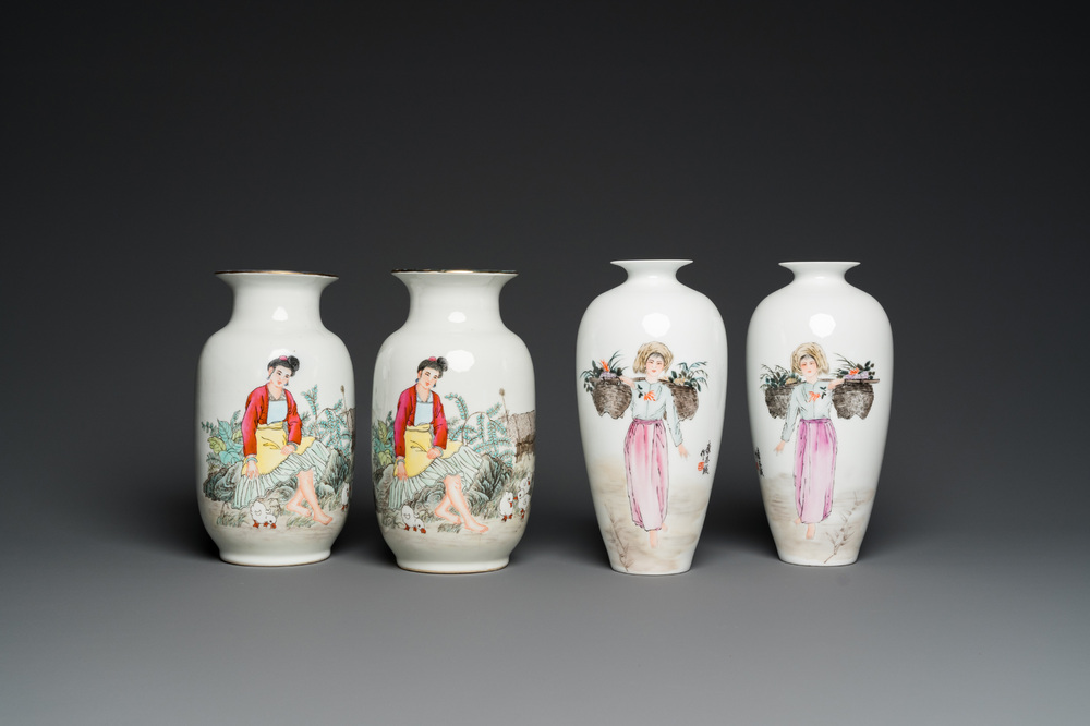 Two pairs of Chinese vases with Cultural Revolution design, one signed Kang Zhicheng 康志誠, Zhong Guo Jingdezhen Zhi 中國景德鎮製 mark